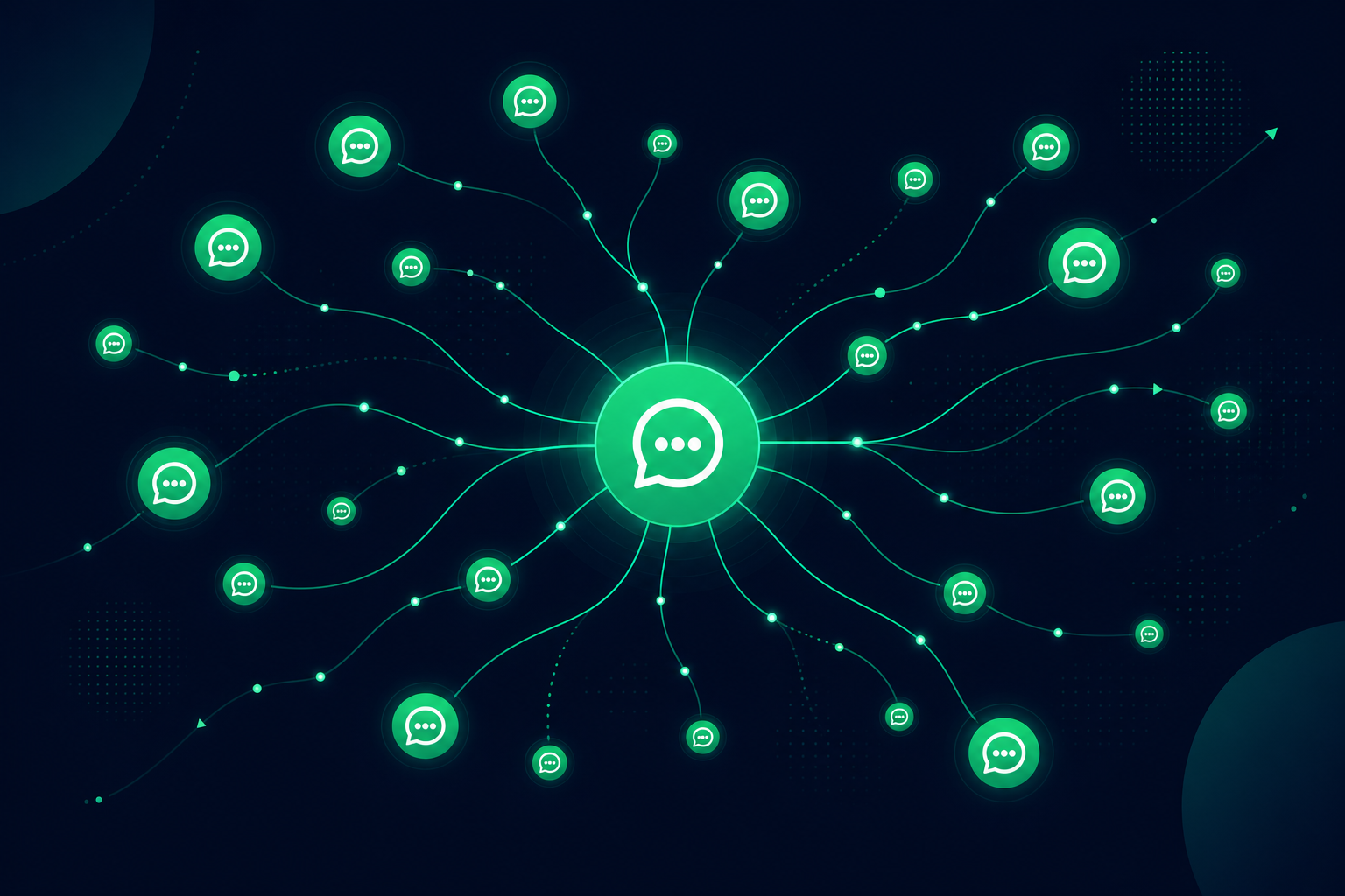 Network distribution visualization showing messages spreading through connected WhatsApp channels